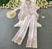 French Style Women's Two Piece Set Soft Feminine Embroidered Printed Long Sleeved Sun Protective Shirt With Slimming Wide Leg Pants_ecoleips.com