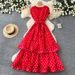 Red French Style Polka Dot Dress round Neck Collarless High Waist Slimming A-Line Skirt Elegant Commute Wear for Women_ecoleips.com