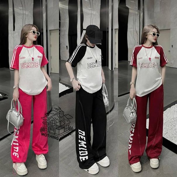 Women's American Retro Style Summer Sports Two Piece Set High Waisted Jogger Pants Loose Short Sleeved Trendy Outfit_ecoleips.com