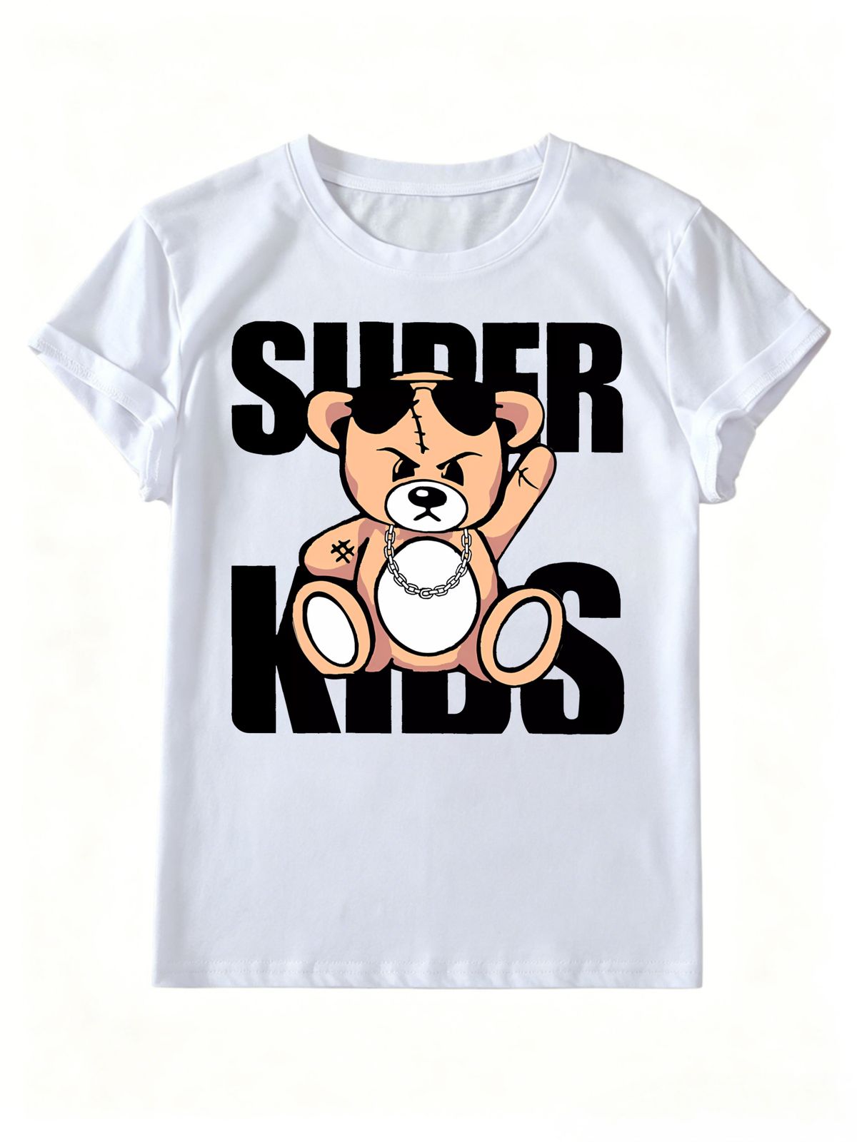 Women Hip Hop Chain Sunglasses Bear Super Kids Letter Graphic T Shirt Round Neck Short Sleeve Loose Streetwear Summer Tops_ecoleips.com