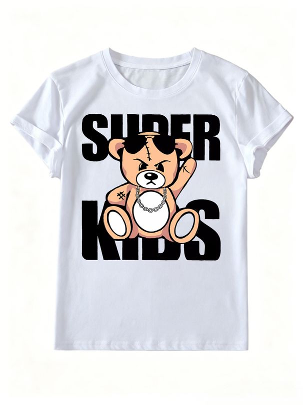 Women Hip Hop Chain Sunglasses Bear Super Kids Letter Graphic T Shirt Round Neck Short Sleeve Loose Streetwear Summer Tops_ecoleips.com