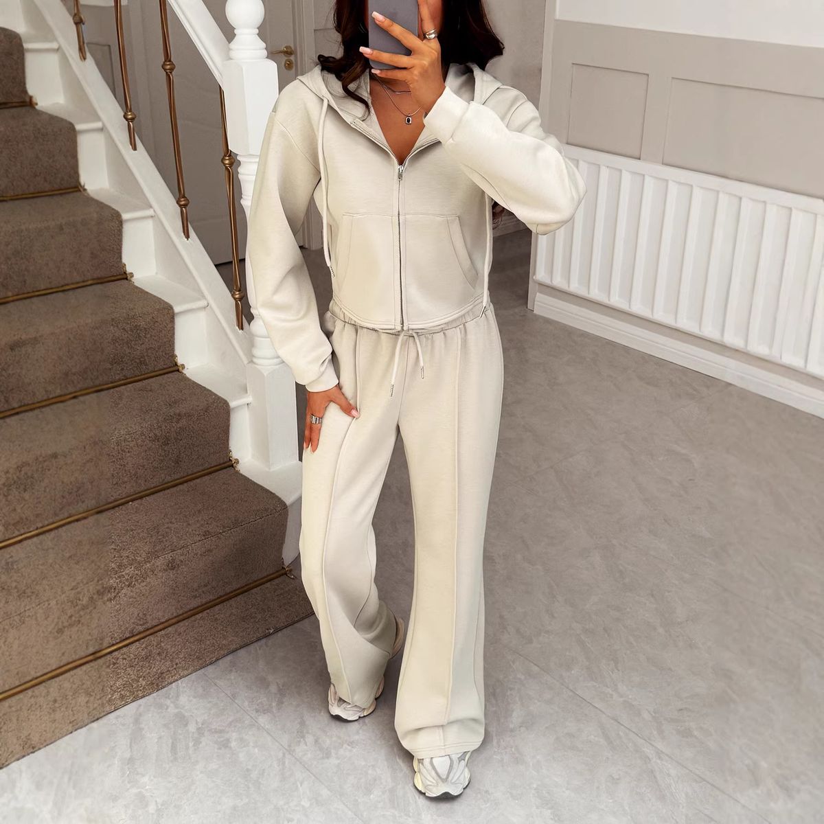 Y2K Aesthetic Women's Hoodie & Jogger Pants Set - Oversized Streetwear Loungewear (Khaki, S-XL) | Soft Polyester Spandex Blend_ecoleips.com