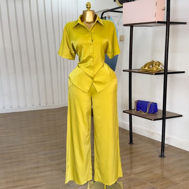 Women's Clothing Summer New Temperament Lapel Backless Short Sleeved Shirt Wide Leg Trousers Casual Suit_ecoleips.com