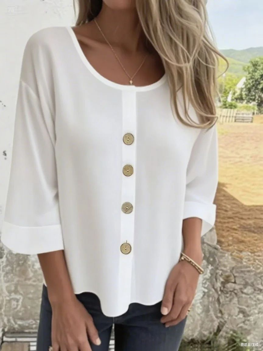 2025 New European And American Style Loose-Fit Women's T-Sh, Round Neck Cotton-Linen Buttoned Top, Cardigan_ecoleips.com