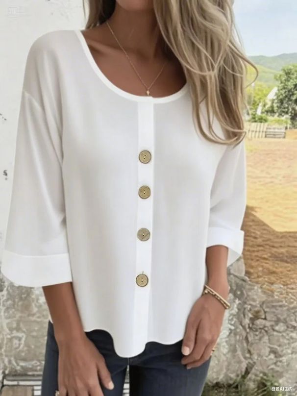 2025 New European And American Style Loose-Fit Women's T-Sh, Round Neck Cotton-Linen Buttoned Top, Cardigan_ecoleips.com