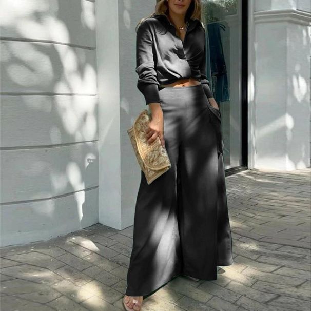2025 European Women's Solid Color Temperament Pants Set Two Piece Office Lady Loose Pocket Fashion Casual Suit Trousers Set_ecoleips.com