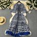 Women's Clothing Retro Palace Style Printed Long Heavy Duty Pleated Puff Sleeve Dress Spring Women's Pleated Skirt_ecoleips.com