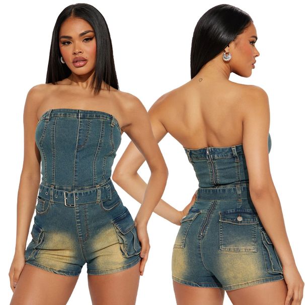 Women's One-Shoulder Denim Jumpsuit – High-Waisted Stretchy Washed Jeans Romper With Slimming Fit (Dark Blue, S-2XL)_ecoleips.com