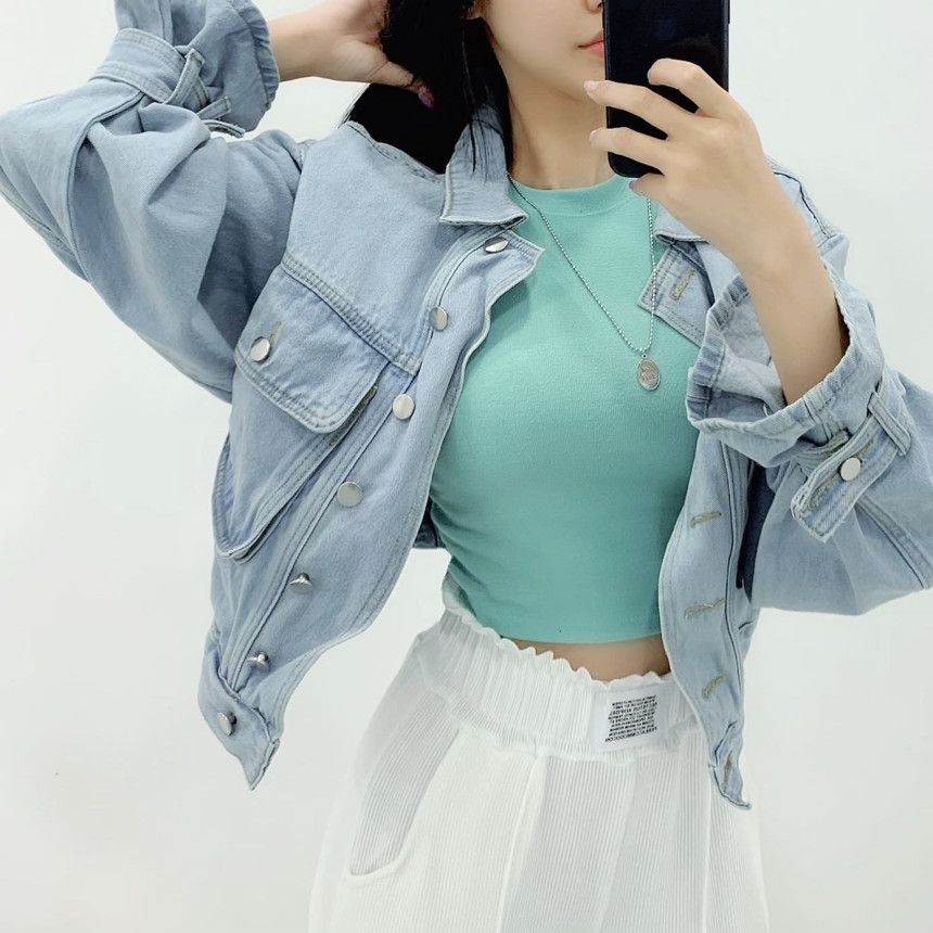 Oversized Denim Jacket With Utility Pockets – Vintage-Inspired Cropped Workwear Coat (One-Size, Unisex Streetwear In Light/Deep Blue)_ecoleips.com