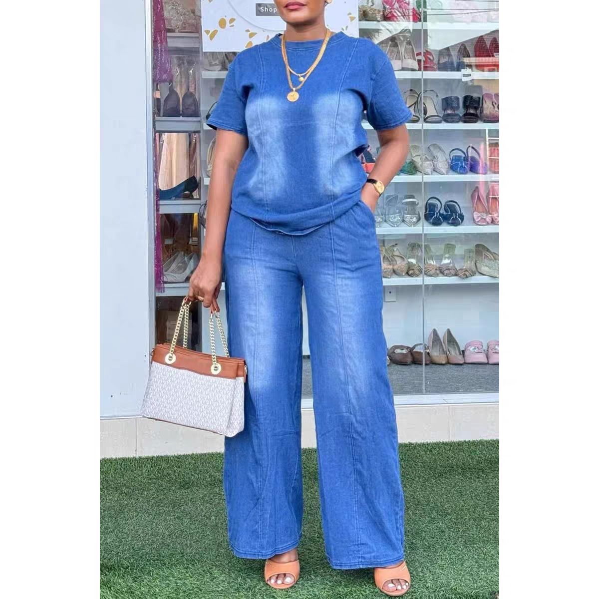 Women's Distressed Blue Denim Short Sleeve Set – Trendy Oversized Casual Two-Piece Outfit_ecoleips.com