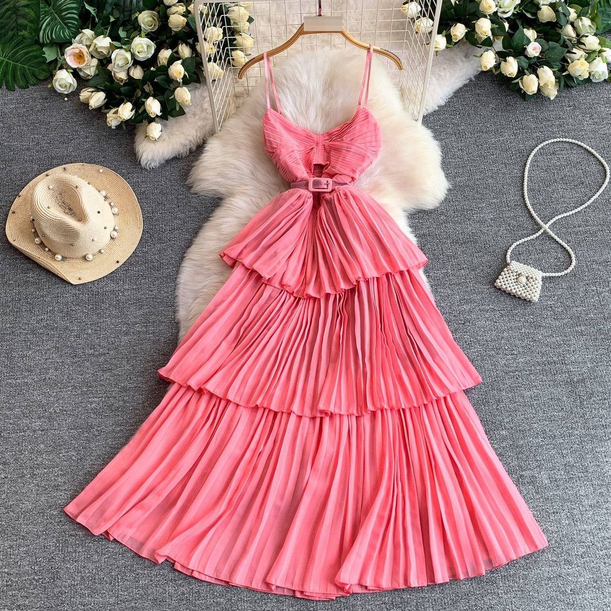 Women's French Style V-Neck Slip Dress Elegant Hollow Out Waist Cinching Slimming Pleated Long Skirt For Casual Elegant Fashion_ecoleips.com