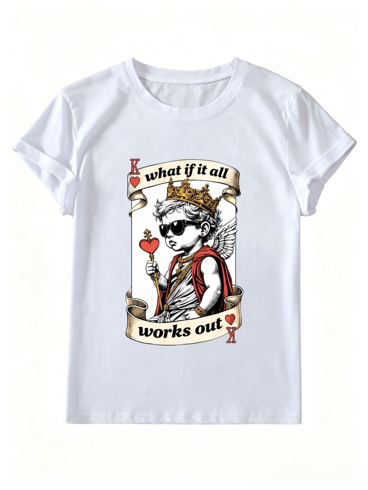 Women Vintage King Angel Playing Card Graphic T-Shirt What If It All Works Out Quote Crew Neck Short Sleeve Casual Streetwear Tee_ecoleips.com