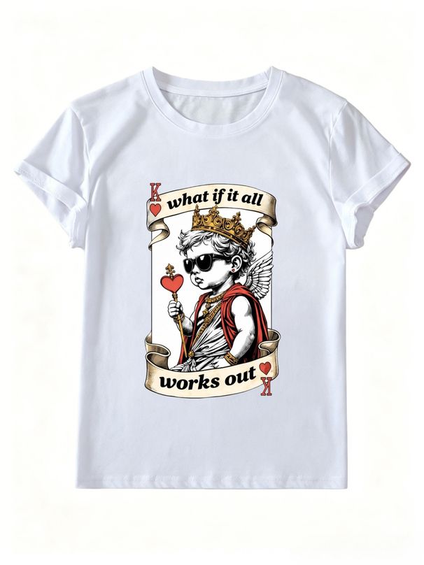 Women Vintage King Angel Playing Card Graphic T-Shirt What If It All Works Out Quote Crew Neck Short Sleeve Casual Streetwear Tee_ecoleips.com