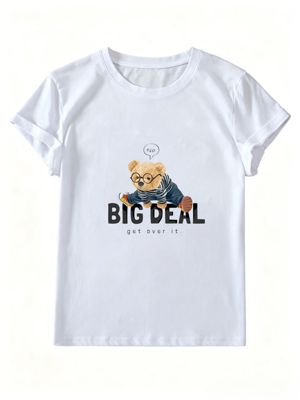 Summer Ladies Fashion Humorous Teddy Bear Letter Slogan Graphic Short Sleeve Crew Neck Casual Basic Top_ecoleips.com
