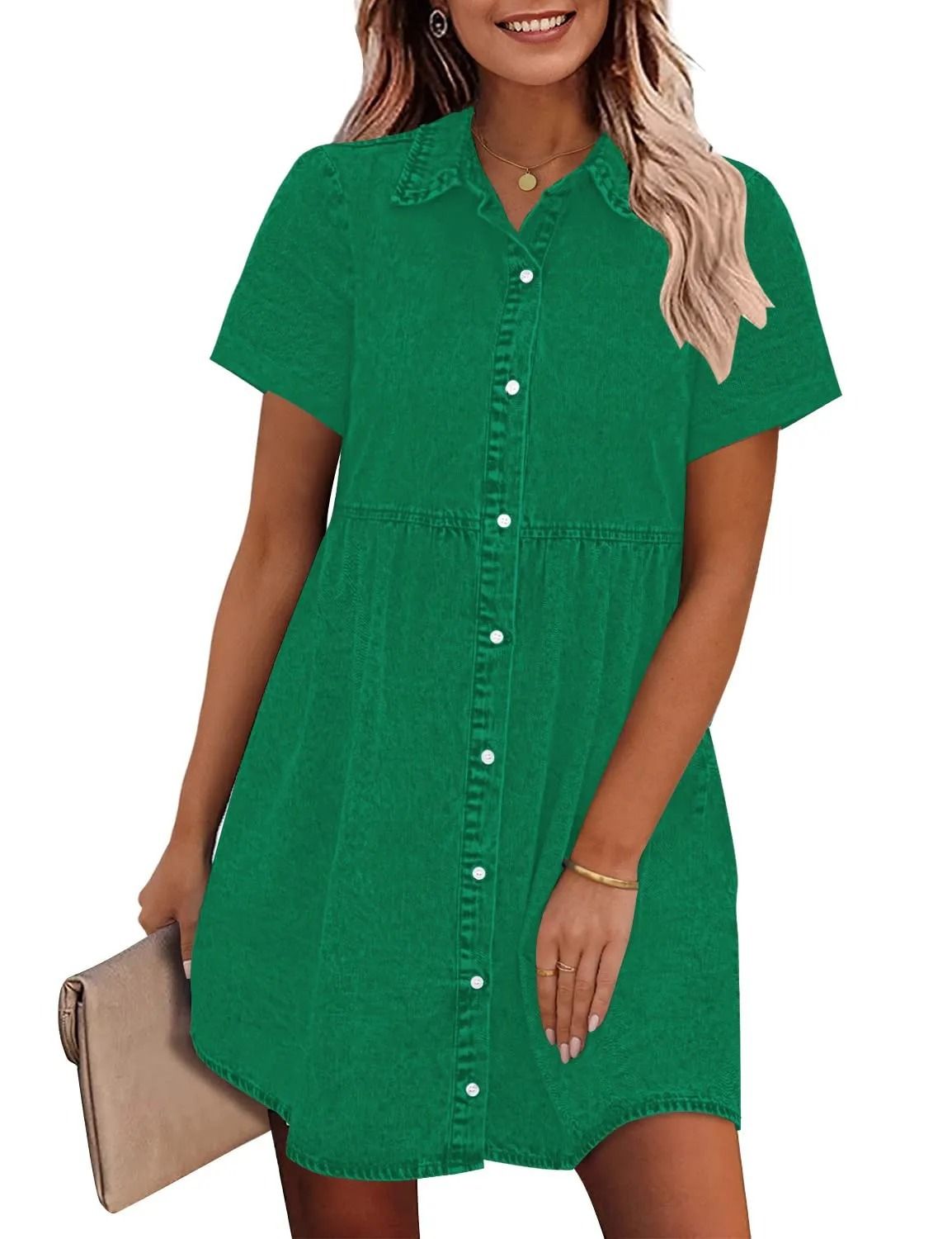 Women’s Denim Flounce Dress – Oversized Collar & Ruffled Hem Short Sleeve Dress (Relaxed Fit, Pre-Washed Cotton, 12 Colors, Sweet Aesthetic)_ecoleips.com