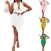 Women's New Solid Color Halter Deep V Tank Top Irregular Bodycon Skirt Set_ecoleips.com