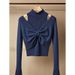Women's Clothing Niche Design High End Blue Off Shoulder Bow Two Piece Wool Sweater_ecoleips.com