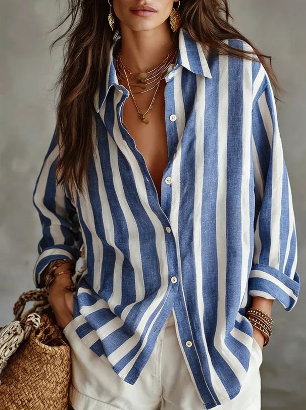 Women's Oversized Striped Shirt - Flowy Long Sleeve Blouse With Lapel Collar For Work & Weekend (S-XXL, 3 Colors)_ecoleips.com