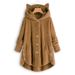 Women's Fluffy Hooded Cat Ear Button-Up Jacket With Asymmetrical Design - Cozy Oversized Streetwear Coat In Solid & Animal Print_ecoleips.com