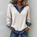 Women's Denim-Paneled Knit Top – V-Neck Long Sleeve Ribbed T-Shirt With Faux Layered Look (Black/Cream)_ecoleips.com