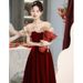 Off-the-shoulder Red Evening For Brides, Elegant French-style Engagement Dress, Wedding Velvet Mini Dress_ecoleips.com