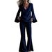 New 2026 Women's Two Piece Set Solid Color V Neck Flared Sleeve Long Pants Independent Clothing Cross Border Europe & America_ecoleips.com