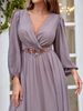 Women's Chiffon V-neck beaded floral pleated elegant ruffled shoulder sleeves pleated chest long skirt with straps and bows on the back_ecoleips.com