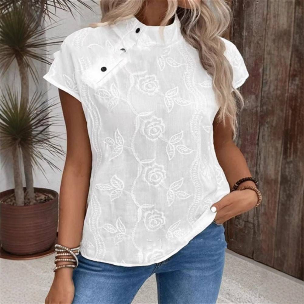 Women's Clothing New Cotton Jacquard Shirt Tops Hot Style Stand Collar Lapel Casual Short Sleeve_ecoleips.com