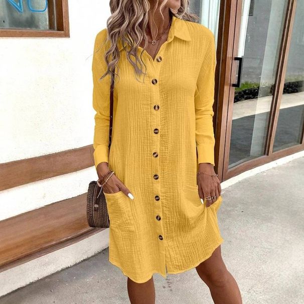 Women's Clothing Casual Solid Color Cotton And Linen Buttoned Medium Long Short Sleeved Loose Dress_ecoleips.com