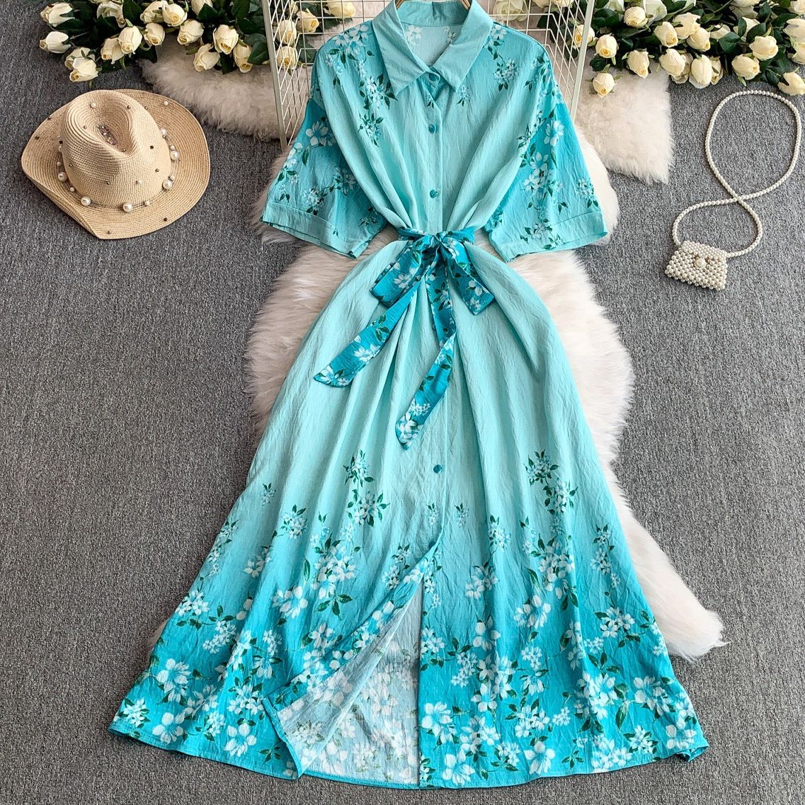 Women's Clothing Pink Floral Lapel Shirt Dress For Women Summer Single Breasted Waist Slim Pleated Mid Length Skirt_ecoleips.com