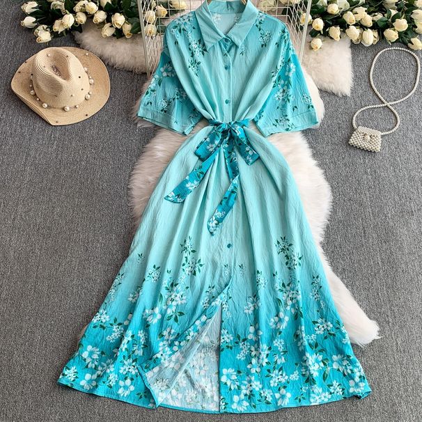 Women's Clothing Pink Floral Lapel Shirt Dress For Women Summer Single Breasted Waist Slim Pleated Mid Length Skirt_ecoleips.com