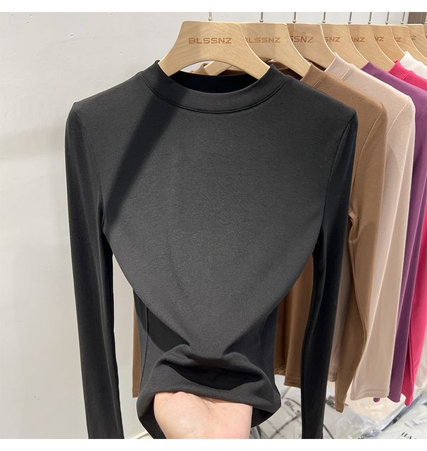 Women's Slim Fit Long Sleeve Cotton T-Shirt - High Neck Casual Blouse For Spring, Soft Breathable Top In White, Black & More_ecoleips.com