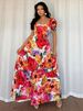 Retro Floral Patchwork Maxi Dress – Elegant Square Neckline, Short Sleeve French Style Dress, Vintage-Inspired Polyester Blend_ecoleips.com