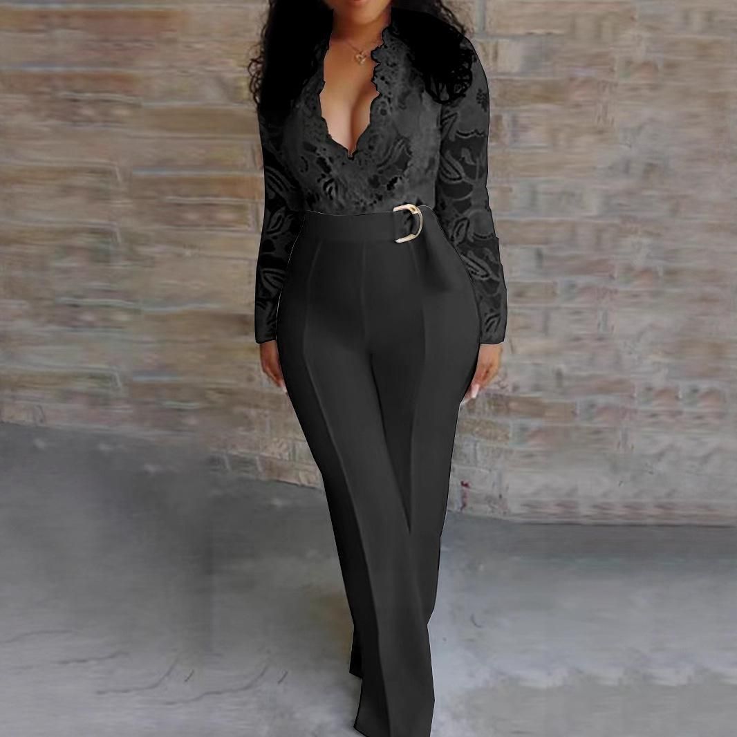 Plus Size Elegant V-Neck Lace Jumpsuit, Long Sleeve Stylish Romper For Women, Casual & Sexy One-Piece Outfit (0XL-5XL, Black & White)_ecoleips.com