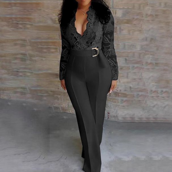 Plus Size Elegant V-Neck Lace Jumpsuit, Long Sleeve Stylish Romper For Women, Casual & Sexy One-Piece Outfit (0XL-5XL, Black & White)_ecoleips.com