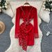 Beaded Evening Gown – V-Neck Long Sleeve Bodycon Dress With Fitted Waist & Asymmetrical Hem (Red/Black, M-2XL)_ecoleips.com