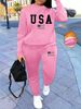Women's Autumn/Winter Hip Hop Casual Street American Flag Pattern Printed Round Neck Sweatshirt+Sweatpants Set-491_ecoleips.com