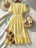 V-neck, Ruffled, Belted, Fitted Waist Dress; Short-sleeved, Vacation-style Dress; Suitable For Vacations, The Beach, Dates, Daily Commutes, And Wedding Guests._ecoleips.com