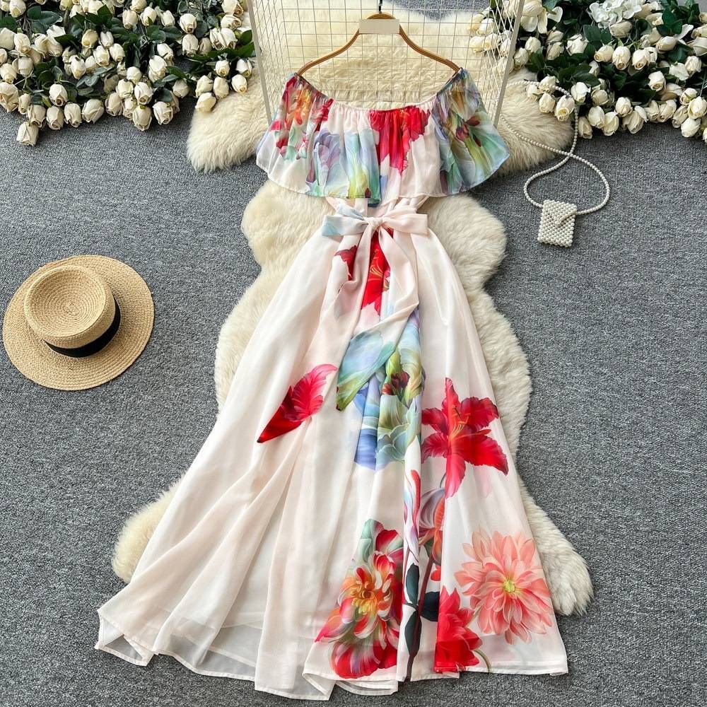 Floral Print Off-Shoulder Ruffle Hem Sundress For Women, Smocked Waist A-Line Summer Dress, Casual Boho Chic Vacation Dress_ecoleips.com