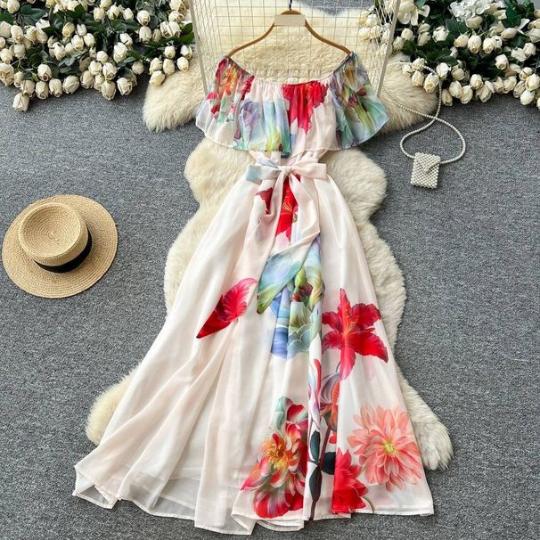 Floral Print Off-Shoulder Ruffle Hem Sundress For Women, Smocked Waist A-Line Summer Dress, Casual Boho Chic Vacation Dress_ecoleips.com