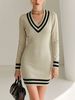 Women Ultra Soft Skin-Friendly Breathable Fine Knit Mini Dress, Contrast Striped V Neck Long Sleeve Stretch Slim Fit Casual Knitted Dress_ecoleips.com