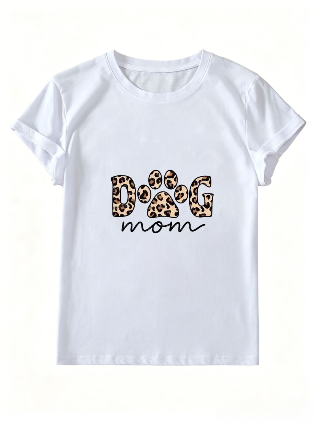 Women Leopard Print DOG MOM Paw Graphic T-Shirt, Pet Lover Cursive Letter Print Crew Neck Short Sleeve Casual Daily Summer Top For Dog Owners_ecoleips.com