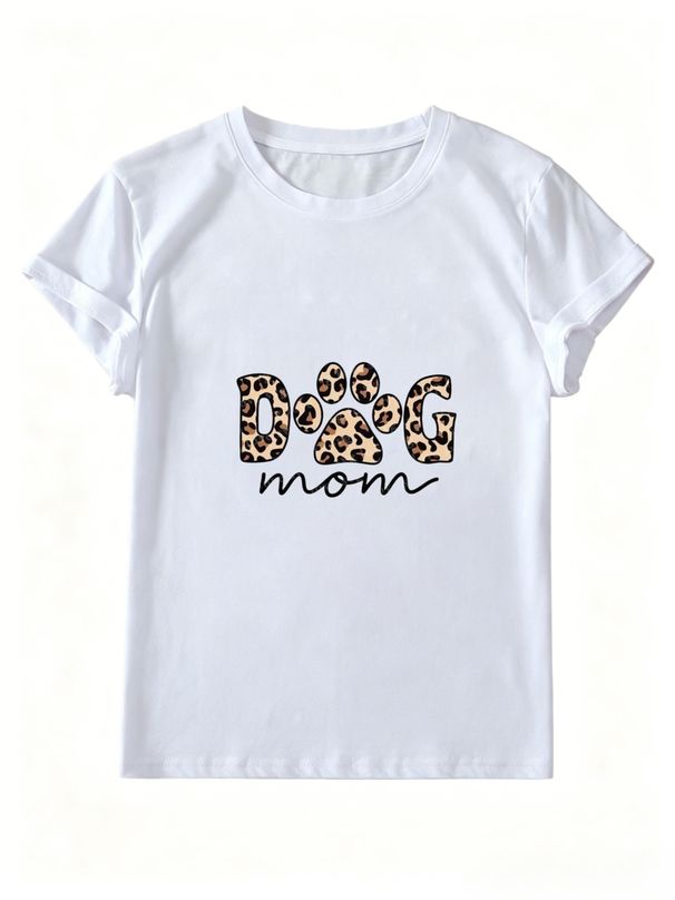 Women Leopard Print DOG MOM Paw Graphic T-Shirt, Pet Lover Cursive Letter Print Crew Neck Short Sleeve Casual Daily Summer Top For Dog Owners_ecoleips.com