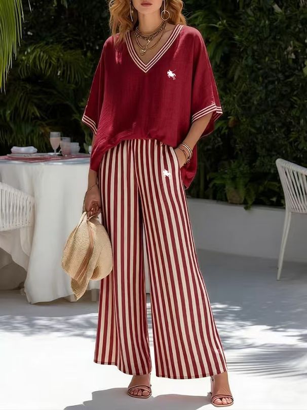 Women's V-Neck Striped Wide-Leg Set - European Style Linen-Like Two-Piece_ecoleips.com