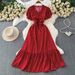 Women's French Style Sophisticated Layered Ruffle Sleeve V Neck Dress Summer Slimming Sweet Long Dress Pleated Waist_ecoleips.com