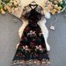 Women's Clothing Niche Hepburn Style Skirt New Contrast Color Bow Tie Collar Short Sleeve Slim Embroidered Flower Dress_ecoleips.com