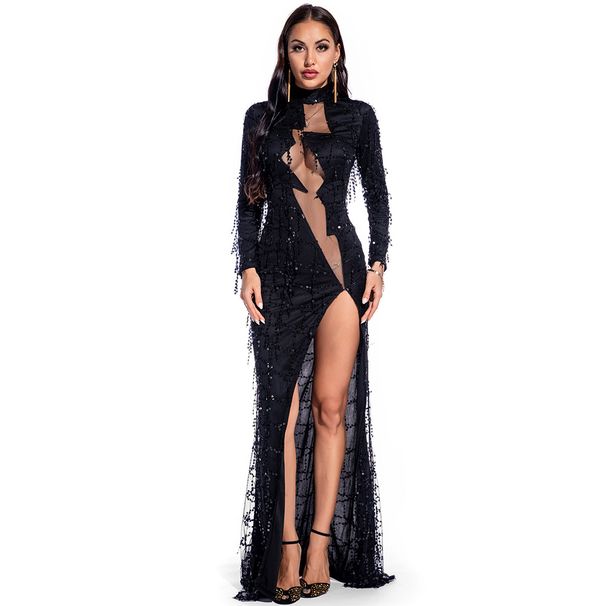 Women's Clothing Sexy Retro Long Sleeved See Through Sequin Dress Evening Dress_ecoleips.com