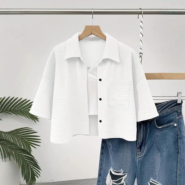 All Colors Sizes Available, 2026 New Cross-border European And American Women's Fashion Shirt, Solid Color Button Pocket_ecoleips.com
