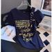 American Printed Slanted Shoulder Strap Short-sleeved T-shirt Women's Summer New Pleated Waist Irregular Short Top_ecoleips.com
