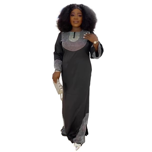 Women's Clothing Hot Diamond Round Neck Side Slit Loose Dress_ecoleips.com